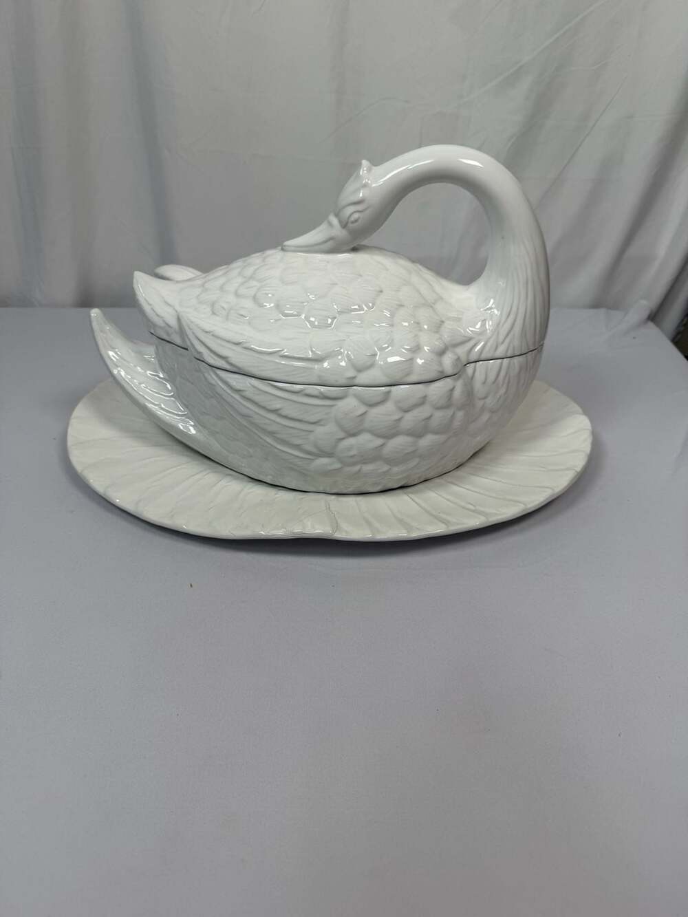 Vintage Ceramic White Swan Soup Tureen with Underplate Ladle and Lid